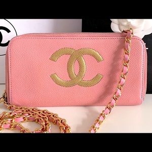 CHANEL Pink & Gold CC Logo Chain Cosmetic Case